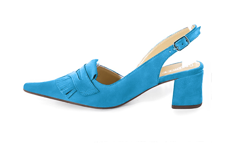 French elegance and refinement for these turquoise blue dress slingback shoes, 
                available in many subtle leather and colour combinations. Fans of originality will appreciate the fringes and the "Offbeat Rock" side.
To be personalized or not, with your materials and colors.  
                Matching clutches for parties, ceremonies and weddings.   
                You can customize these shoes to perfectly match your tastes or needs, and have a unique model.  
                Choice of leathers, colours, knots and heels. 
                Wide range of materials and shades carefully chosen.  
                Rich collection of flat, low, mid and high heels.  
                Small and large shoe sizes - Florence KOOIJMAN